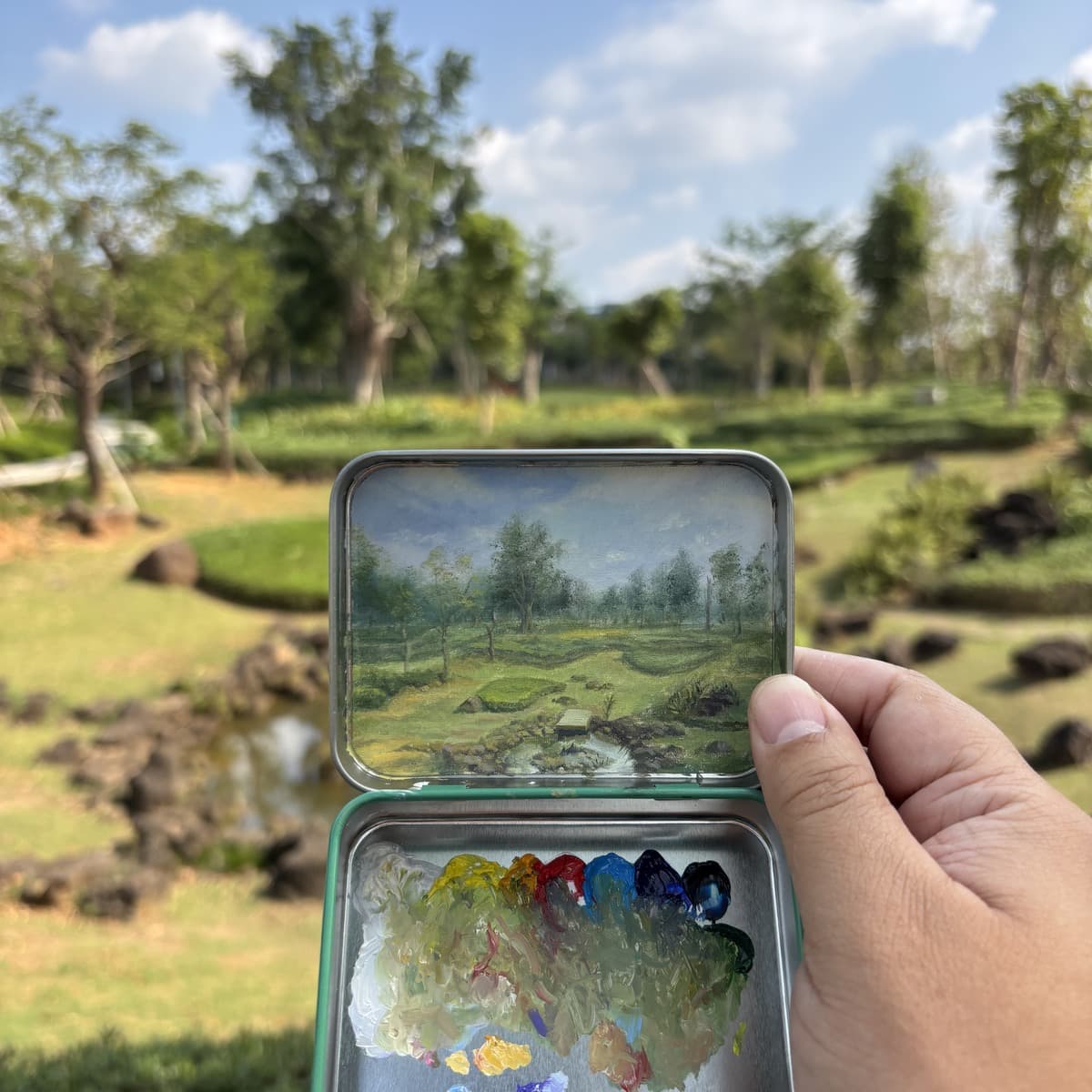Custom Travel Memory Painting shown as a pocket travel painting